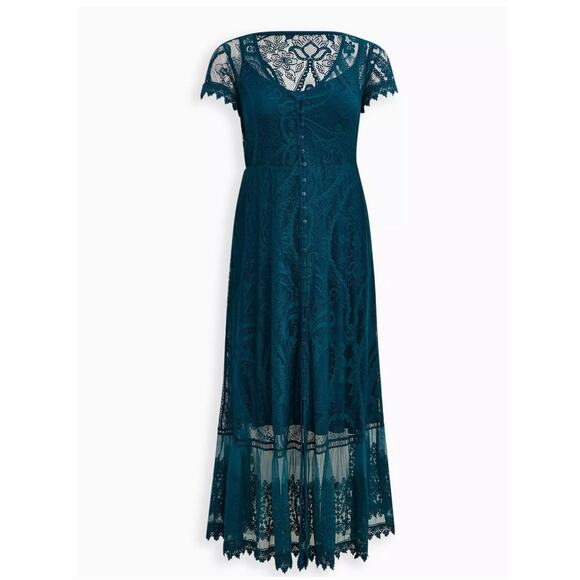 NWT Torrid Blue Maxi Lace Button-Front Skater V-Neck Dress Plus Size: 0X (12) - Picture 3 of 5